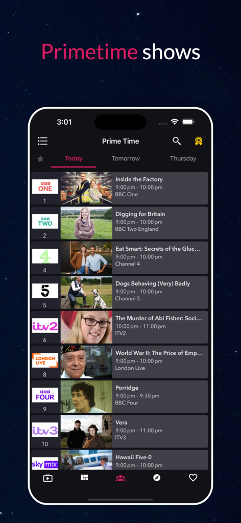 UK TV Guide app interface displaying primetime television listings for British channels like BBC and ITV