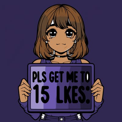 realistic girl holding up a sign that says “pls get me to 15 likes!”