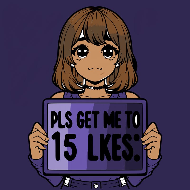 realistic girl holding up a sign that says “pls get me to 15 likes!”
