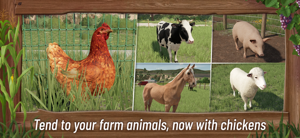 Screenshot of Farming Simulator 23 showing various farm animals including a chicken, cow, horse, pig, and sheep.