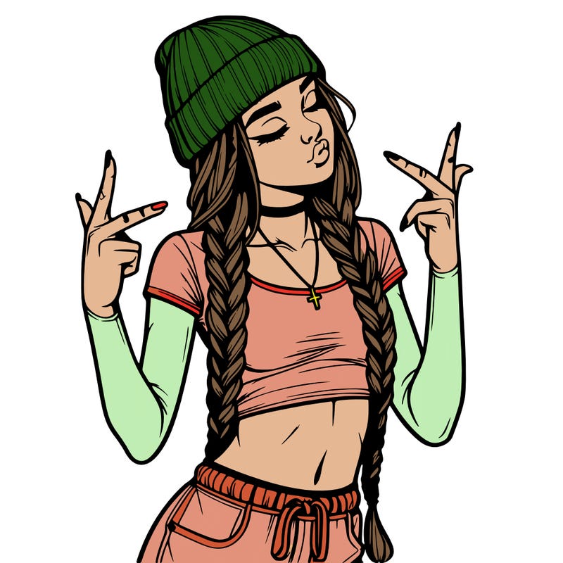 realistic teenage girl with braids and a beanie and crop top doing 🫶🏼