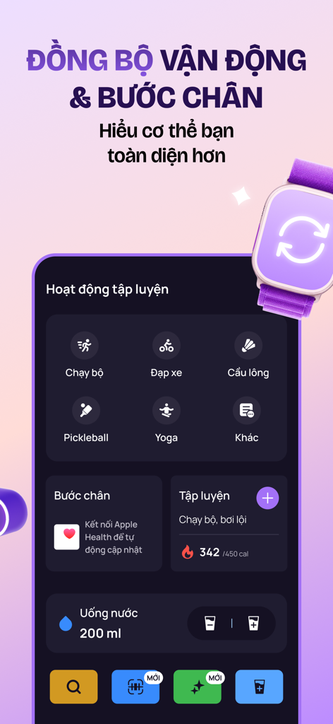 Pantalla de sincronización de actividad y pasos en la aplicación de nutrición Wao que muestra el seguimiento de fitness y la integración de Apple Health.
