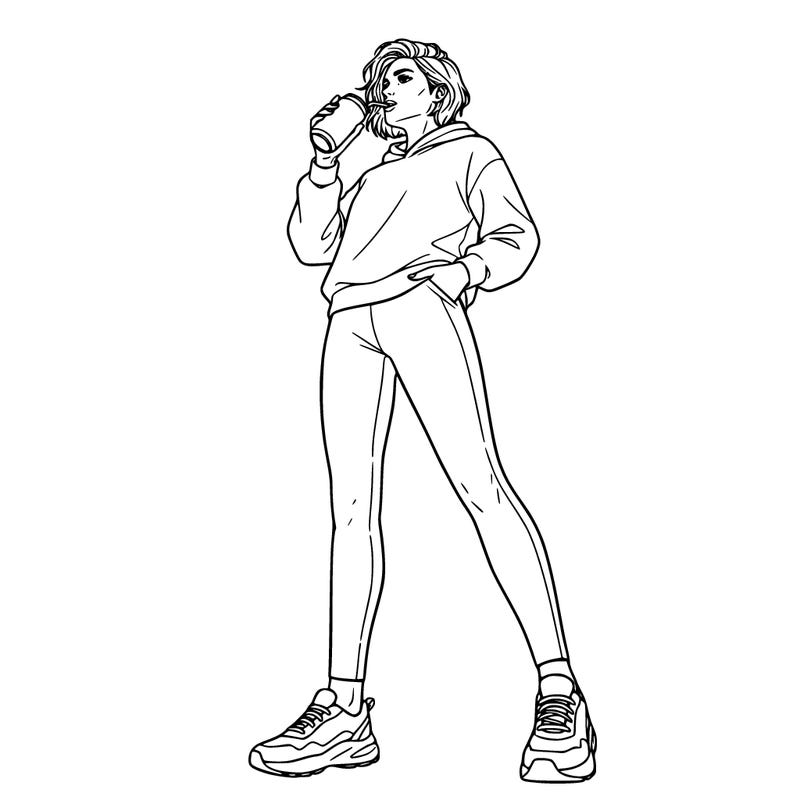 woman in tights wearing a hoodie and sneakers with short hair drinking and energy drink