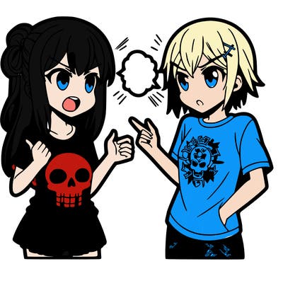 anime girl wearing a tee shirt with a skull on it arguing with an anime guy wearing a suit