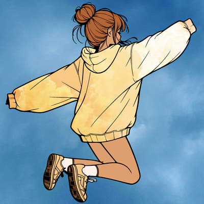 realistic girl jumping with a bun and oversized sweatshirt