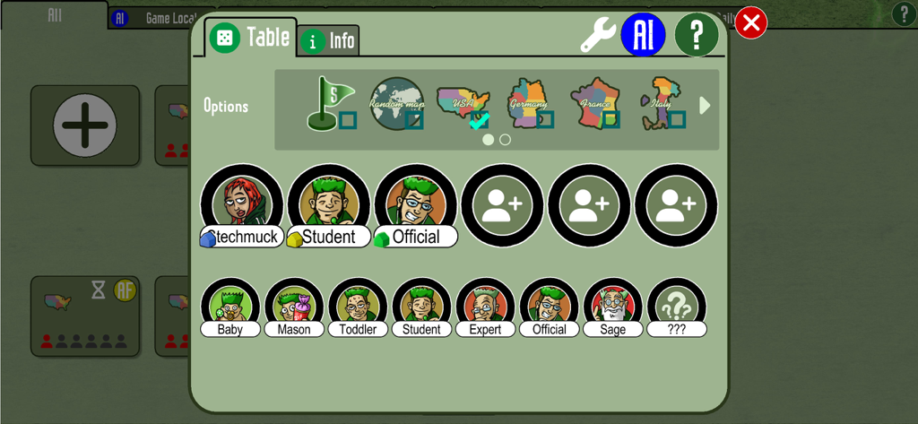 Game setup screen in the Power Grid Boardgame app showing map selection and AI player difficulty levels.