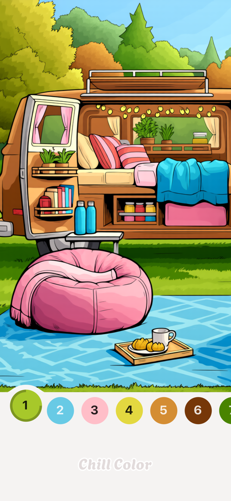 Chill Color - Paint by Number - Interior aconchegante de uma van de campista em um aplicativo móvel de pintura por número.