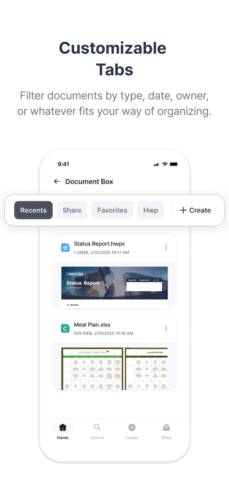 Hancom Docs - Interfaz móvil de Hancom Docs que muestra pestañas personalizables para filtrar documentos HWP y Excel