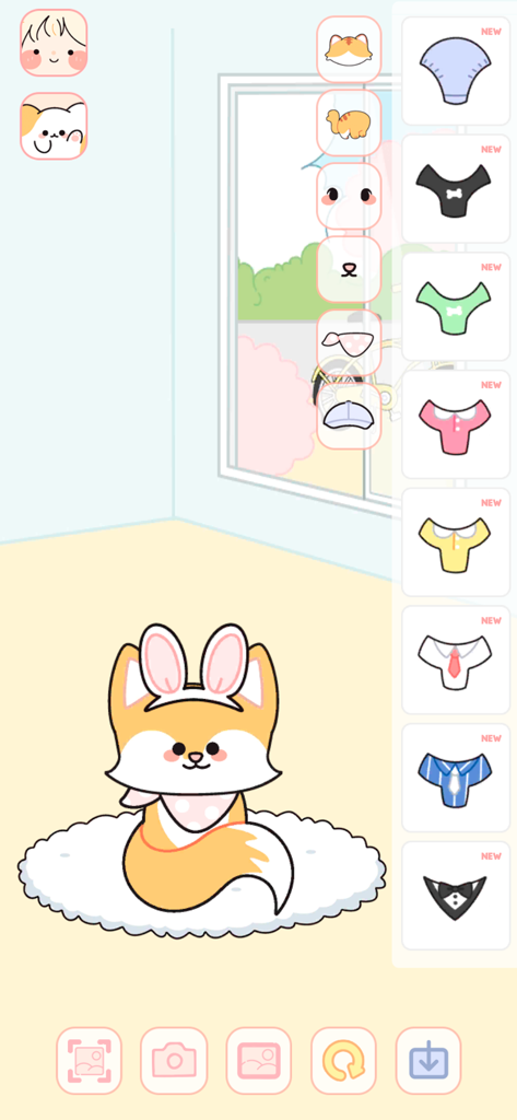 A screenshot of the Lovely Doll dress up game showing a cute fox pet being customized with bunny ears and various clothing options.