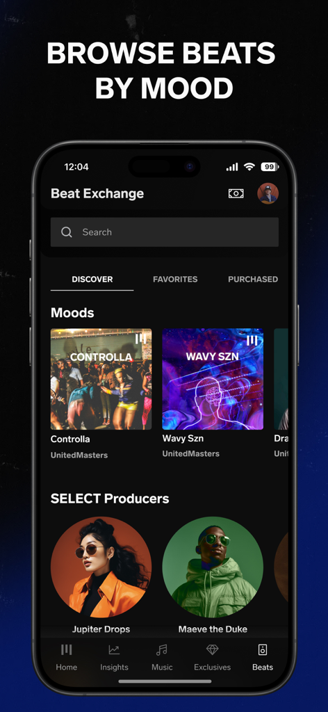 UnitedMasters 앱 인터페이스, 분위기별 비트를 검색하고 프로듀서를 선택하는 옵션이 있는 Beat Exchange 화면 표시