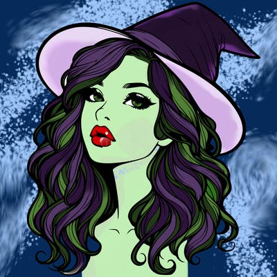 realistic witch girl with wavy hair and lips