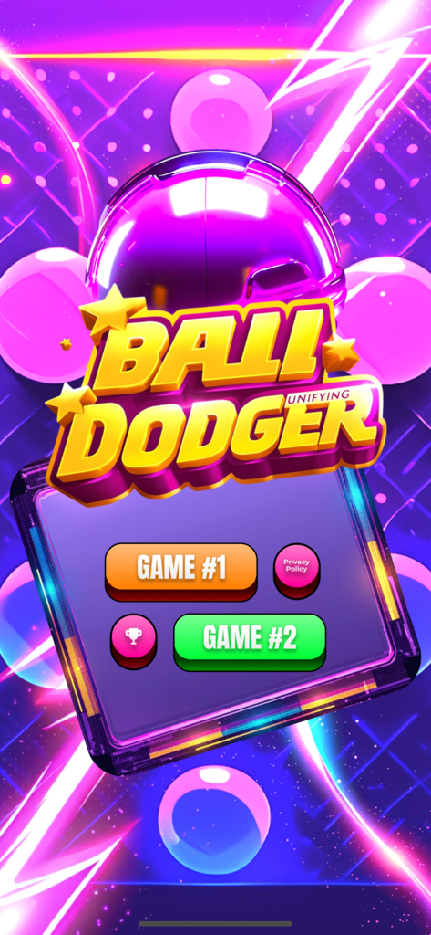 Main menu screen of the Ball Unifying Dodger mobile arcade game featuring neon graphics and game mode selection buttons.