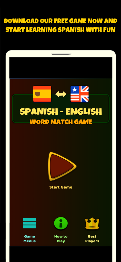 Home screen of the Spanish English word match game showing the start button and language flags