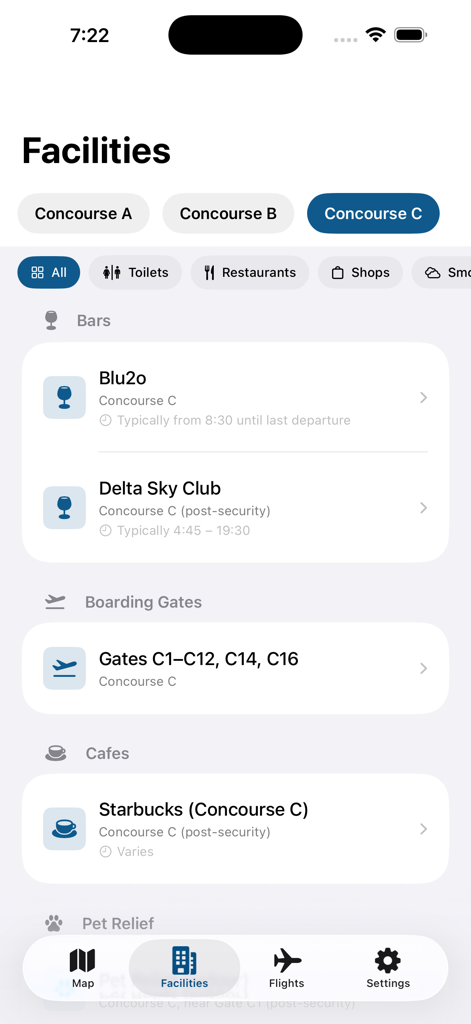 Palm Beach Intl PBI Airport - Mobile app screen showing a list of facilities at Palm Beach International Airport Concourse C including bars boarding gates and cafes