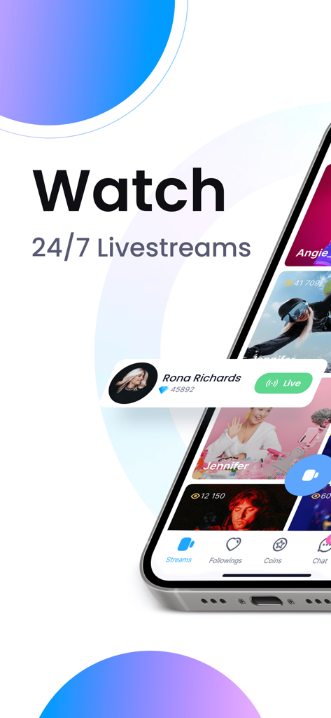 Plamfy app interface showing various live streaming content and 24/7 watch options