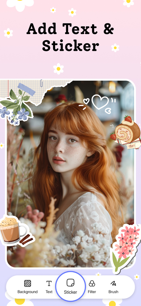 Collage Maker: DIY Wallpaper - A photo of a woman decorated with aesthetic stickers and text in the Collage Maker app interface