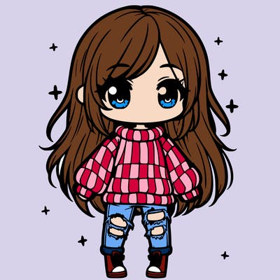 chibi girl with ripped jeans,long hair, and an oversized sweater