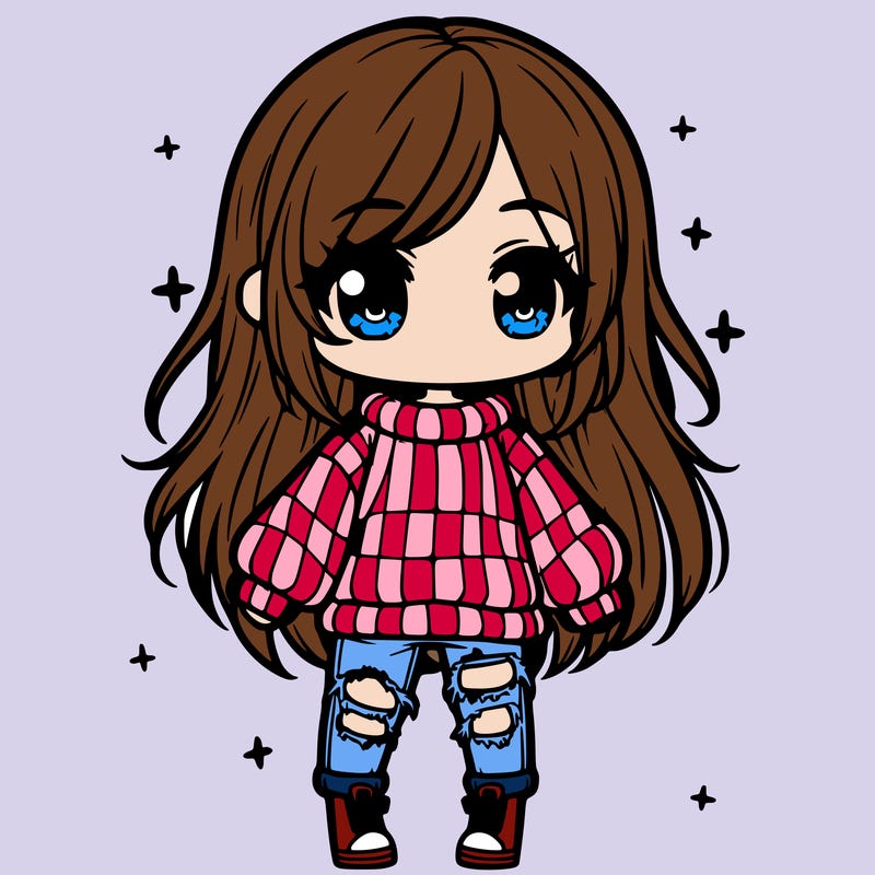 chibi girl with ripped jeans,long hair, and an oversized sweater