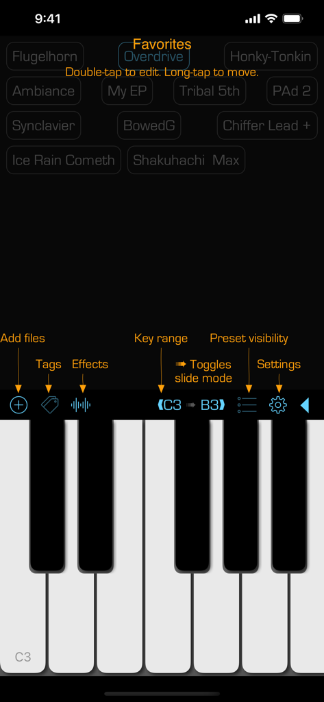 SoundFonts - La interfaz de usuario de la aplicación SoundFonts mostrando un teclado de piano y una lista de presets de sonido favoritos.