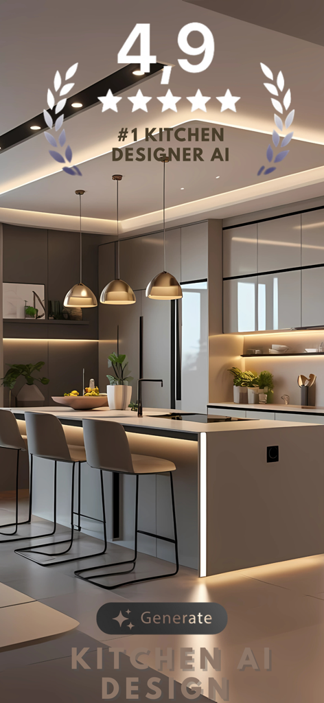 Ai Kitchen - Room Landscape Ai - Diseño de cocina moderno generado por IA con una isla y taburetes, con una superposición de calificación de 4,9 estrellas.