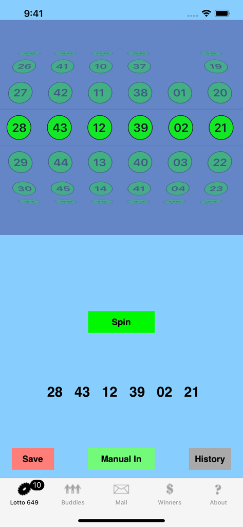i649Buddy - Interfaccia del generatore di numeri per Lotto 649 con un pulsante di avvio e numeri della lotteria generati