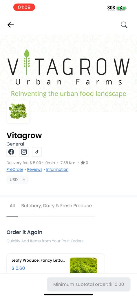 Mushe Market - Perfil de la tienda Vitagrow Urban Farms en la aplicación Mushe Market mostrando opciones y precios de entrega de productos frescos