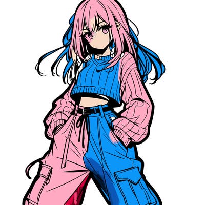 anime teen girl with baggy pants and crop top with sweater