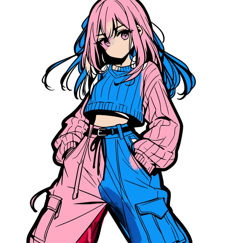 anime teen girl with baggy pants and crop top with sweater