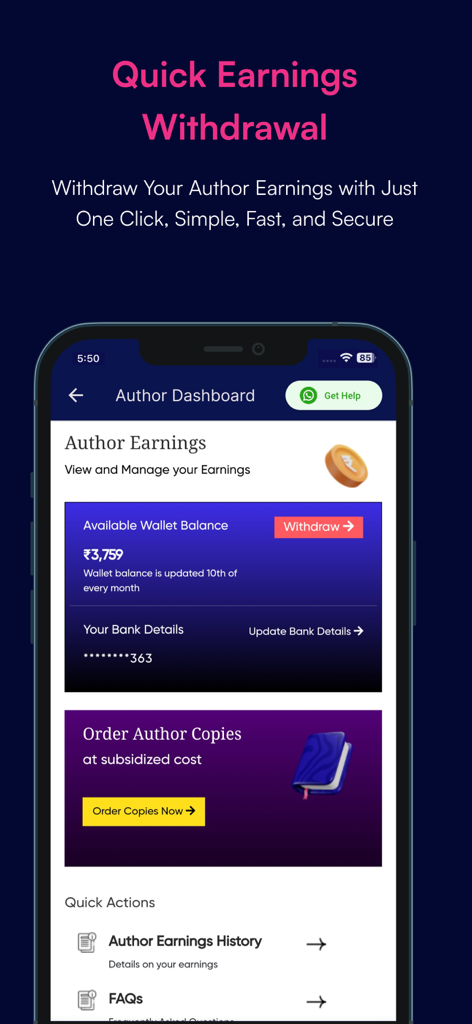 Notion Press - Notion Press author dashboard showing earnings balance and withdrawal option