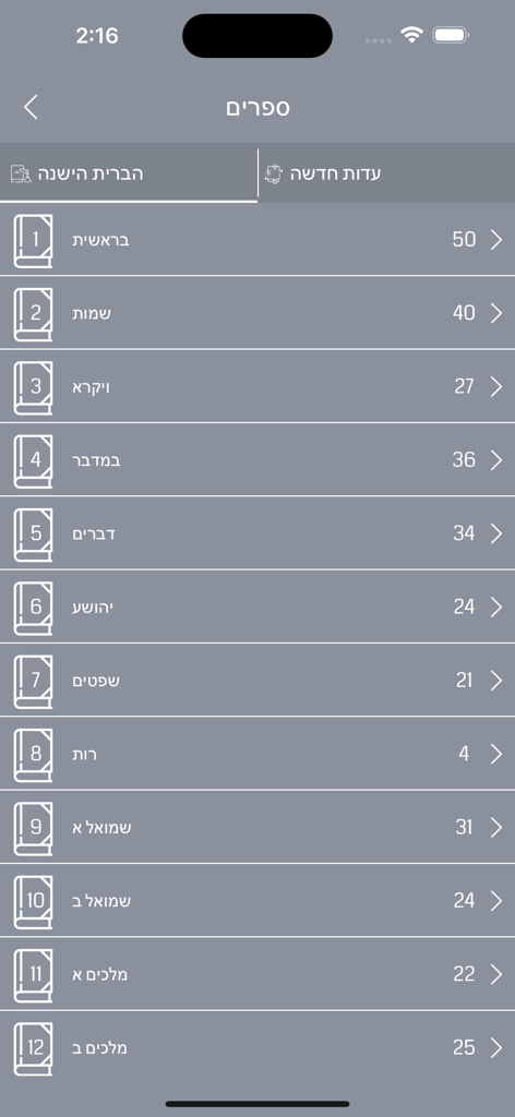 Lista de libros de la Biblia Hebrea en el menú de navegación de la aplicación