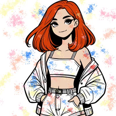 a realistic girl with a crop top and short shorts in an open jacket