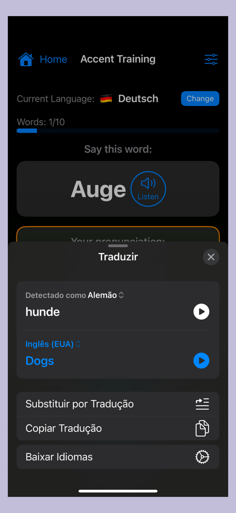 Accent Training - Vocabulary - Interface of the Accent Training app showing a German translation tool overlay for vocabulary words.