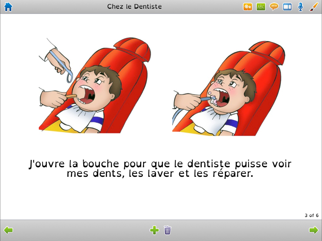 Niki Story - Social story page in Niki Story app showing illustrations of a child at the dentist with descriptive text