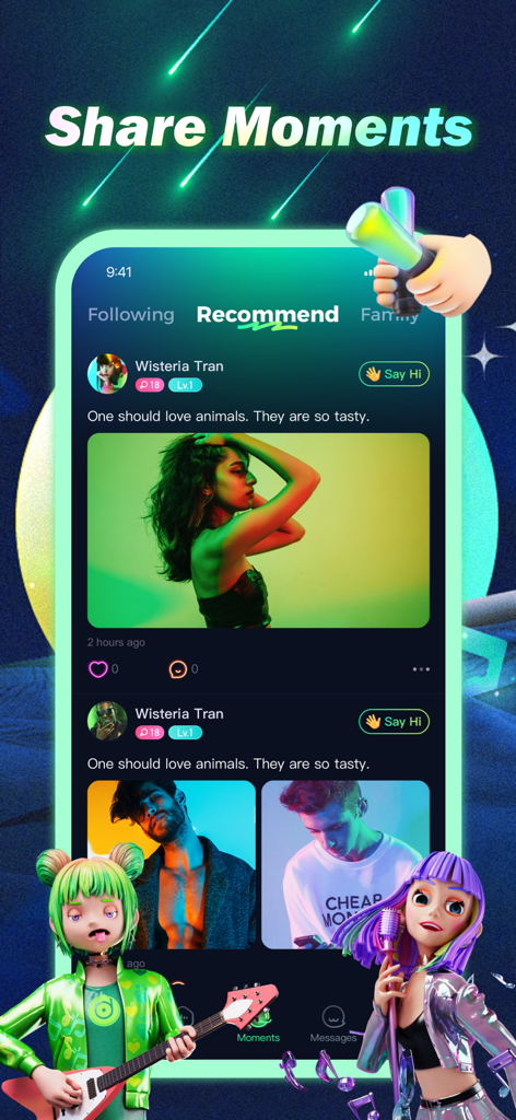 카라완 앱 인터페이스는 사용자 게시물과 3D 아바타가 있는 공유 순간 소셜 피드를 보여줍니다.