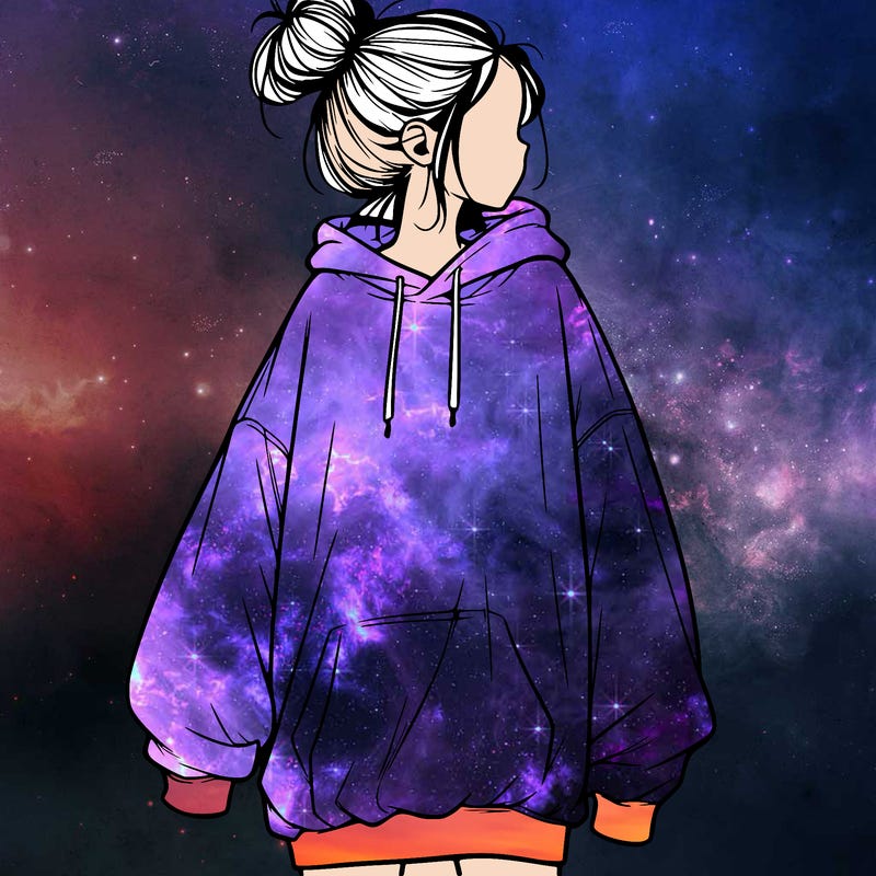 realistic girl with a oversized sweatshirt on and a bun
