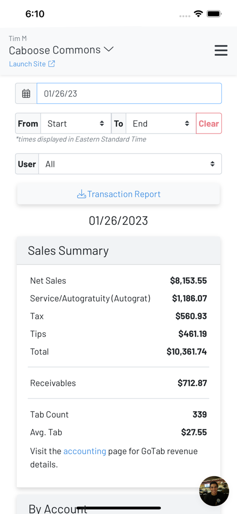 GoTab Manager - Daily sales summary report in the GoTab Manager app showing net sales and transaction data for a restaurant