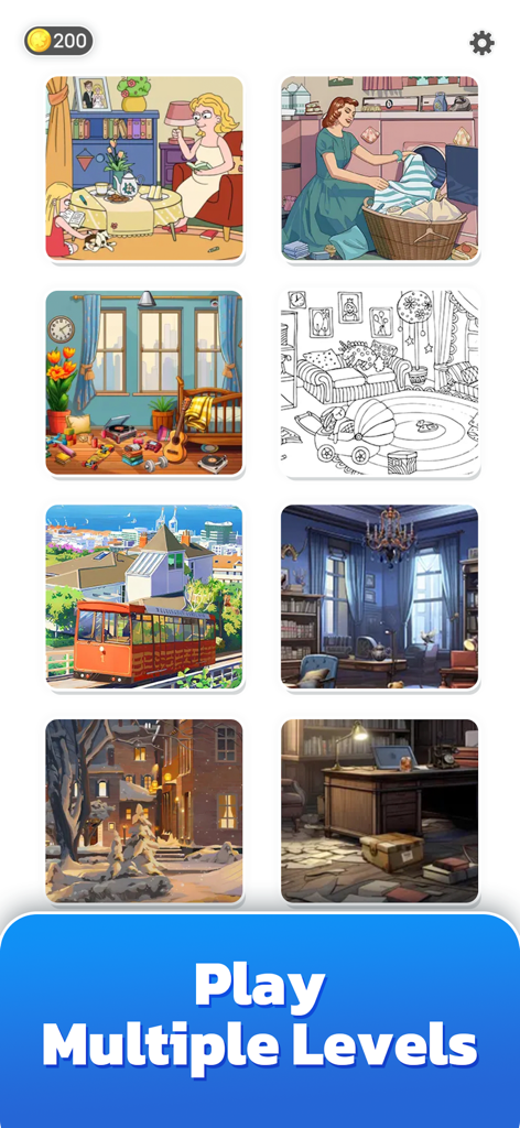 Find N Seek: Spy Hidden Object - Un aperçu en grille de divers niveaux d'objets cachés, y compris des scènes domestiques vintage et des paysages urbains.