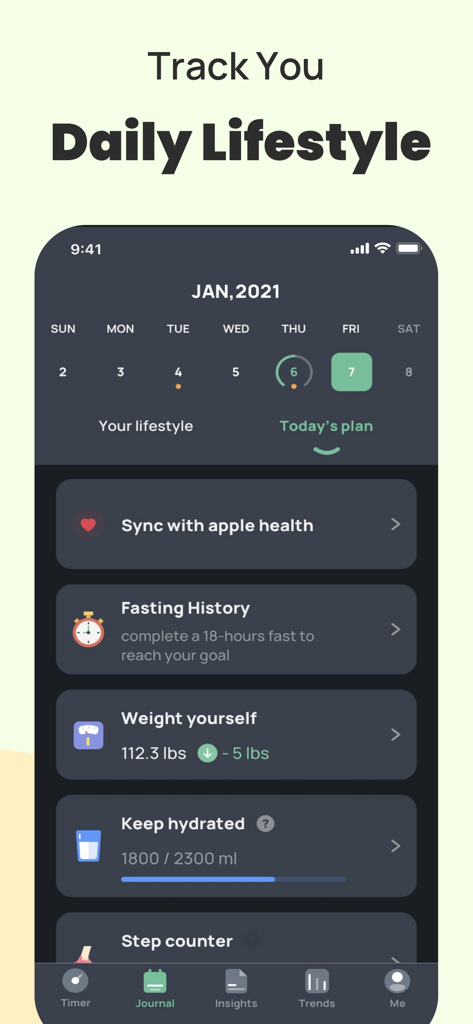 Tableau de bord de l'application Fastin pour suivre le style de vie quotidien, y compris l'historique du jeûne, le poids et l'hydratation.