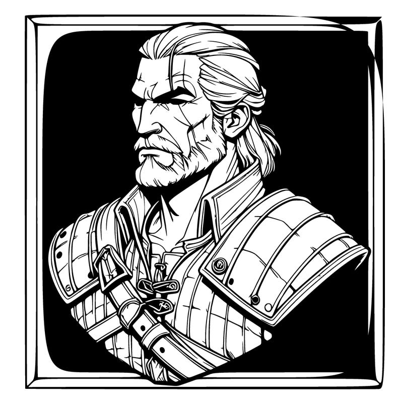 bust of geralt of rivia from the game the witcher in a rectangular frame in a realistic style