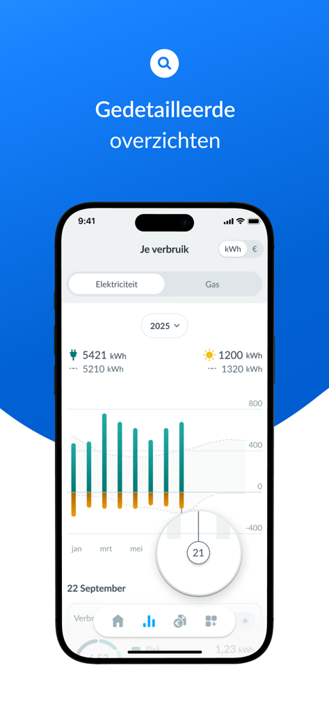 ENGIE Smart App - Engie Smart App interface showing a detailed electricity and gas consumption bar chart with solar energy injection data