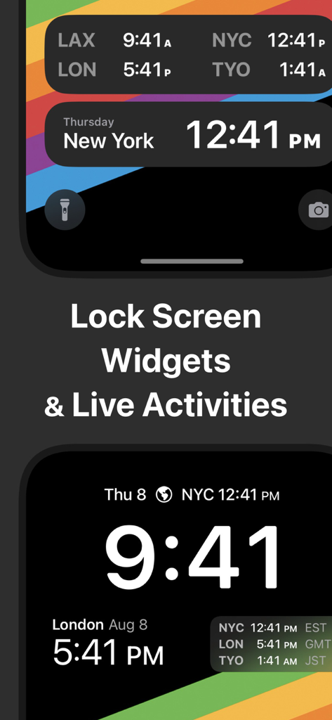 World clock widgets and live activities on an iPhone lock screen showing multiple global time zones