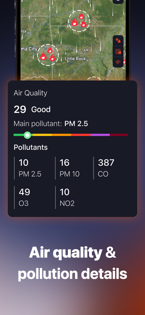 The Wildfire Tracker - Air quality and pollution levels dashboard in the Wildfire Tracker app