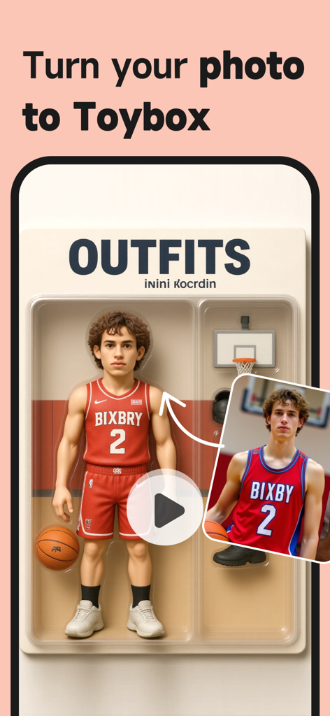 KaCha: AI Video Generator - Foto de um jogador de basquete sendo convertida em uma figura de ação 3D de brinquedo em uma caixa usando o app IA KaCha