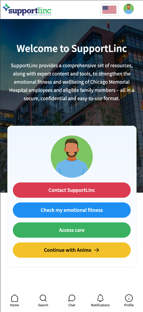 Pantalla de bienvenida de la aplicación SupportLinc que muestra botones para controles de estado físico emocional y acceso a atención