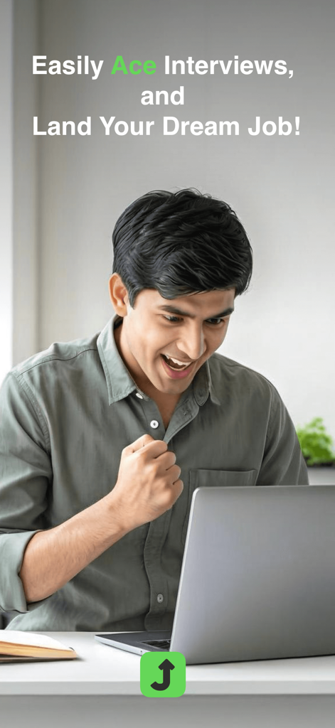 JobJump: Job Interview Copilot - A young professional male celebrating with a fist pump in front of his laptop after acing a job interview