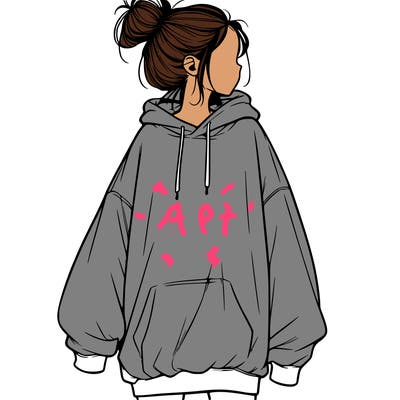 realistic girl with a oversized sweatshirt on and a bun
