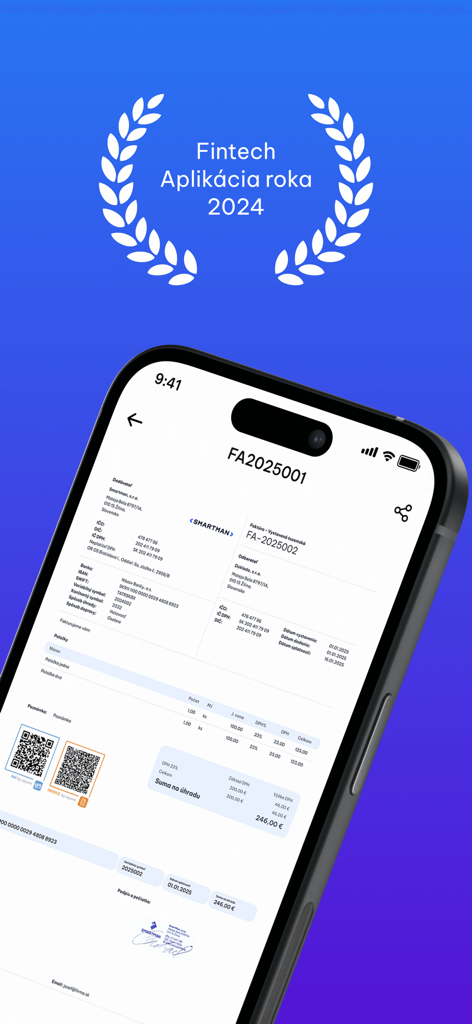 Doklado - Faktúry a bločky - Ein Smartphone, das eine digitale Rechnung innerhalb der Doklado-App unter einem Icon für die Auszeichnung "Fintech App of the Year 2024" anzeigt.