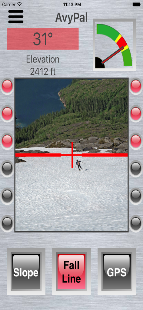 AvyPal - AvyPal app interface showing a 31 degree slope angle in Fall Line mode with avalanche risk indicators