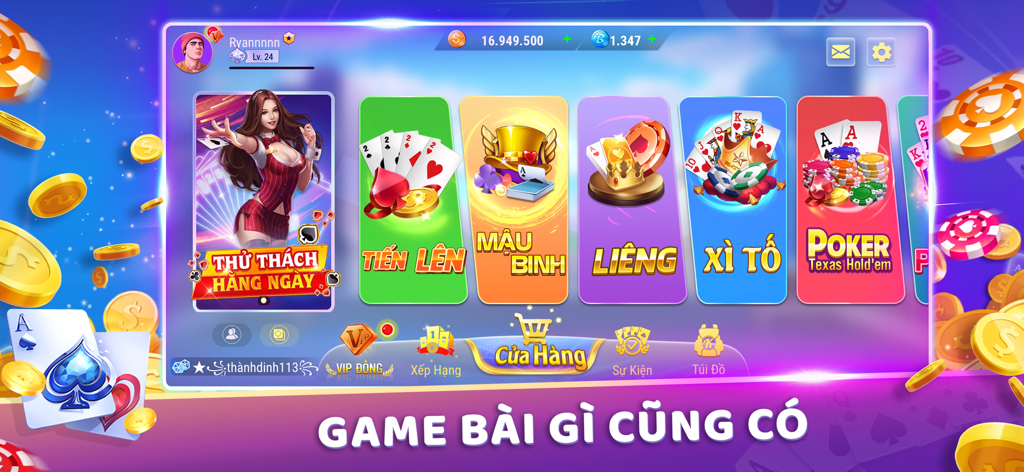 KPlay: Online Social Poker - Main menu of KPlay app showing various Vietnamese card games and Texas Holdem