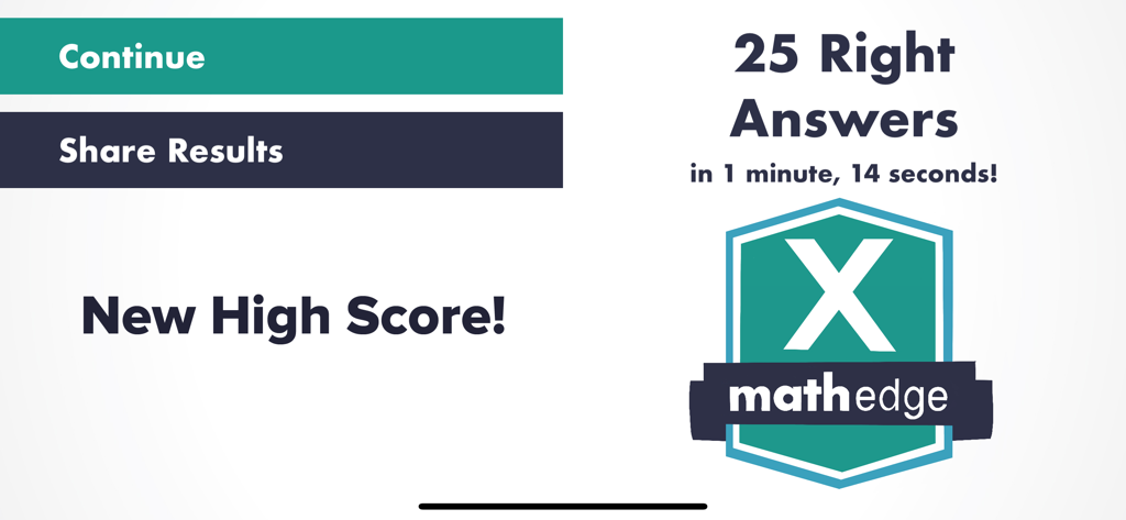 MathEdge Multiplication app screen showing a new high score of twenty five right answers